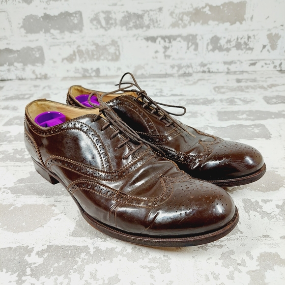 Neiman Marcus Brown Leather Wingtip Brogue Lace Up Oxford Shoe - Picture 4 of 12